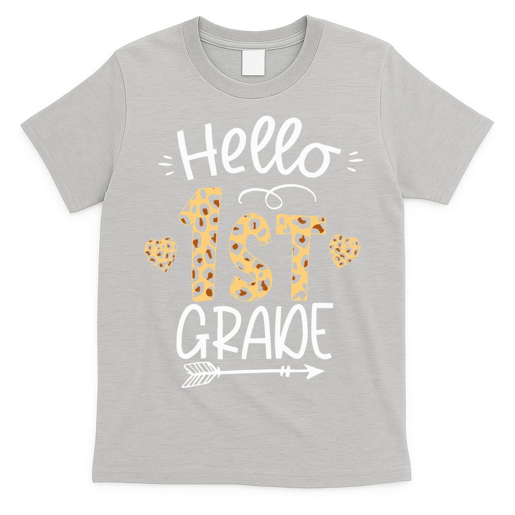 Hello 1st Grade Leopard Teacher Students Back To School First Day Of School T-Shirt