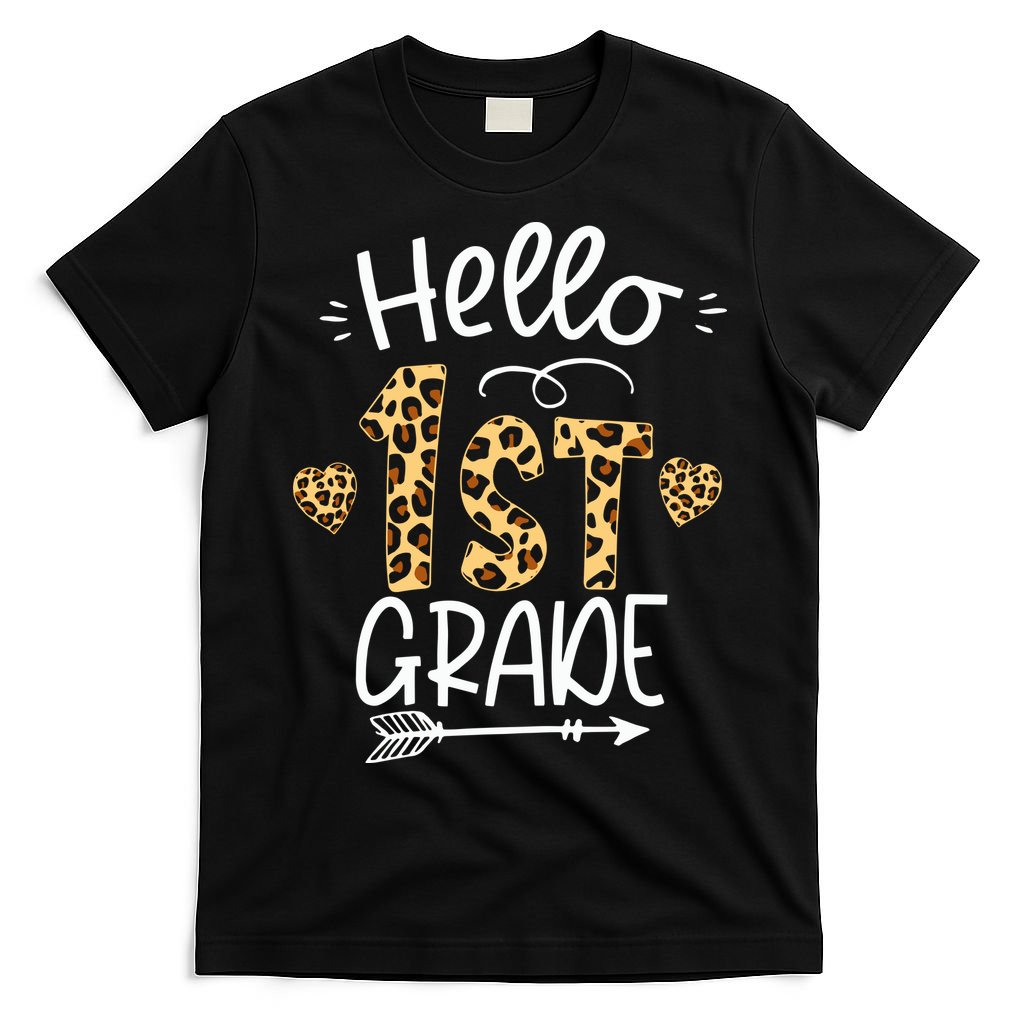 Hello 1st Grade Leopard Teacher Students Back To School First Day Of School T-Shirt