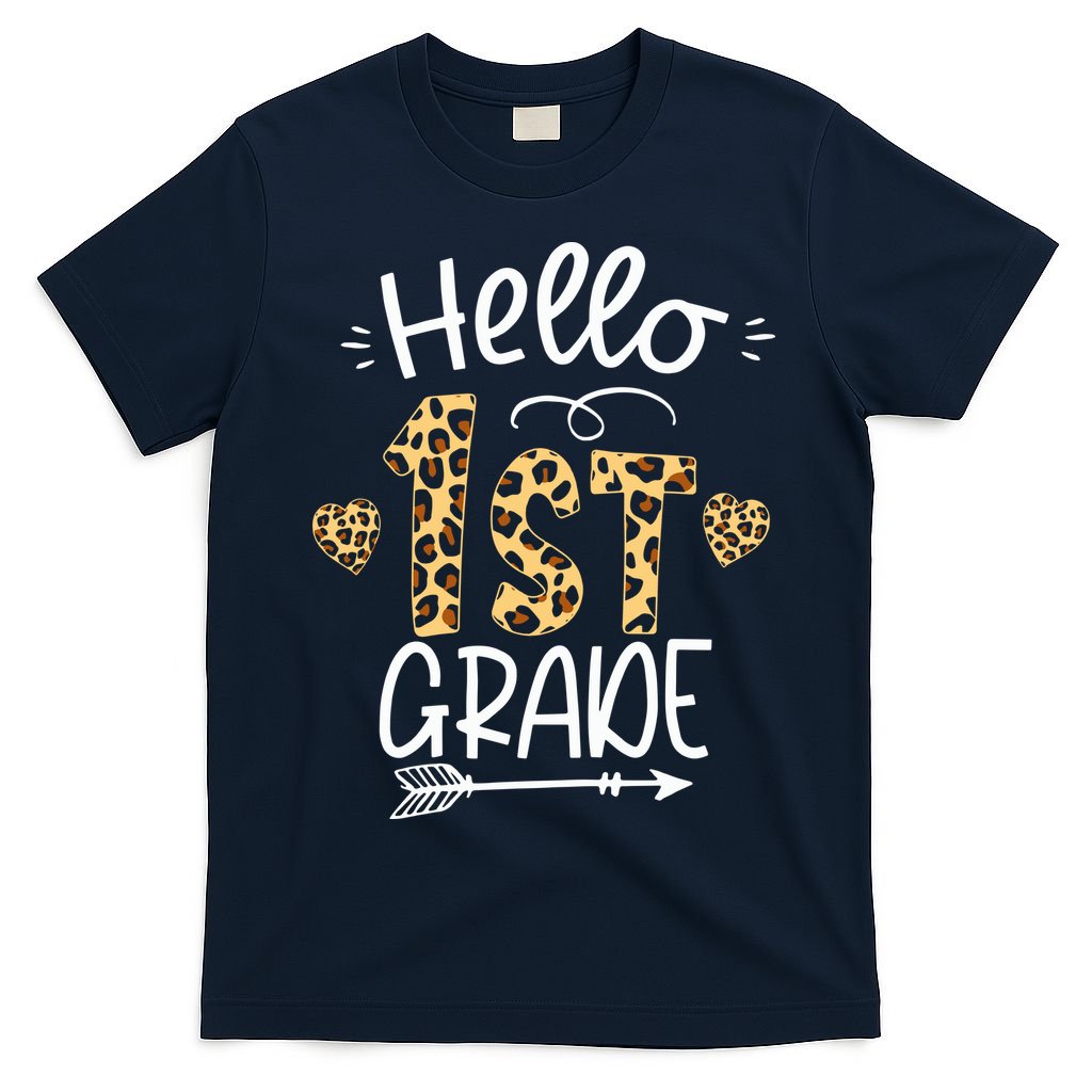 Hello 1st Grade Leopard Teacher Students Back To School First Day Of School T-Shirt