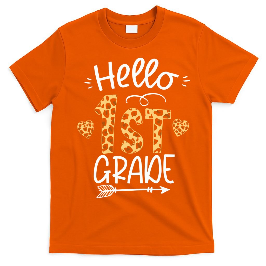 Hello 1st Grade Leopard Teacher Students Back To School First Day Of School T-Shirt