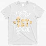 Hello 1st Grade Leopard Teacher Students Back To School First Day Of School T-Shirt