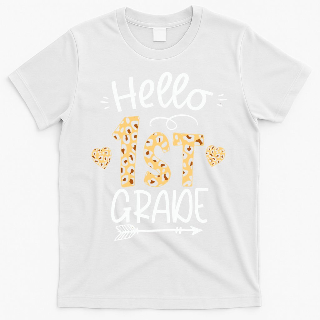 Hello 1st Grade Leopard Teacher Students Back To School First Day Of School T-Shirt