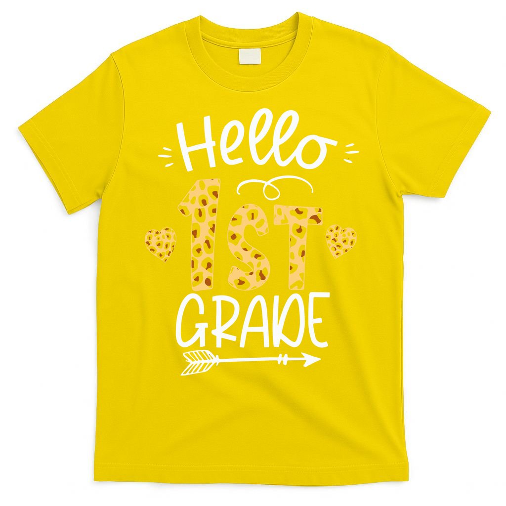 Hello 1st Grade Leopard Teacher Students Back To School First Day Of School T-Shirt