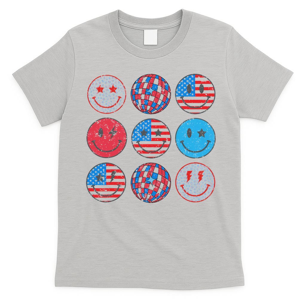 Happy 4th Of July Groovy Smile Face Red White Blue Usa Flag T-Shirt