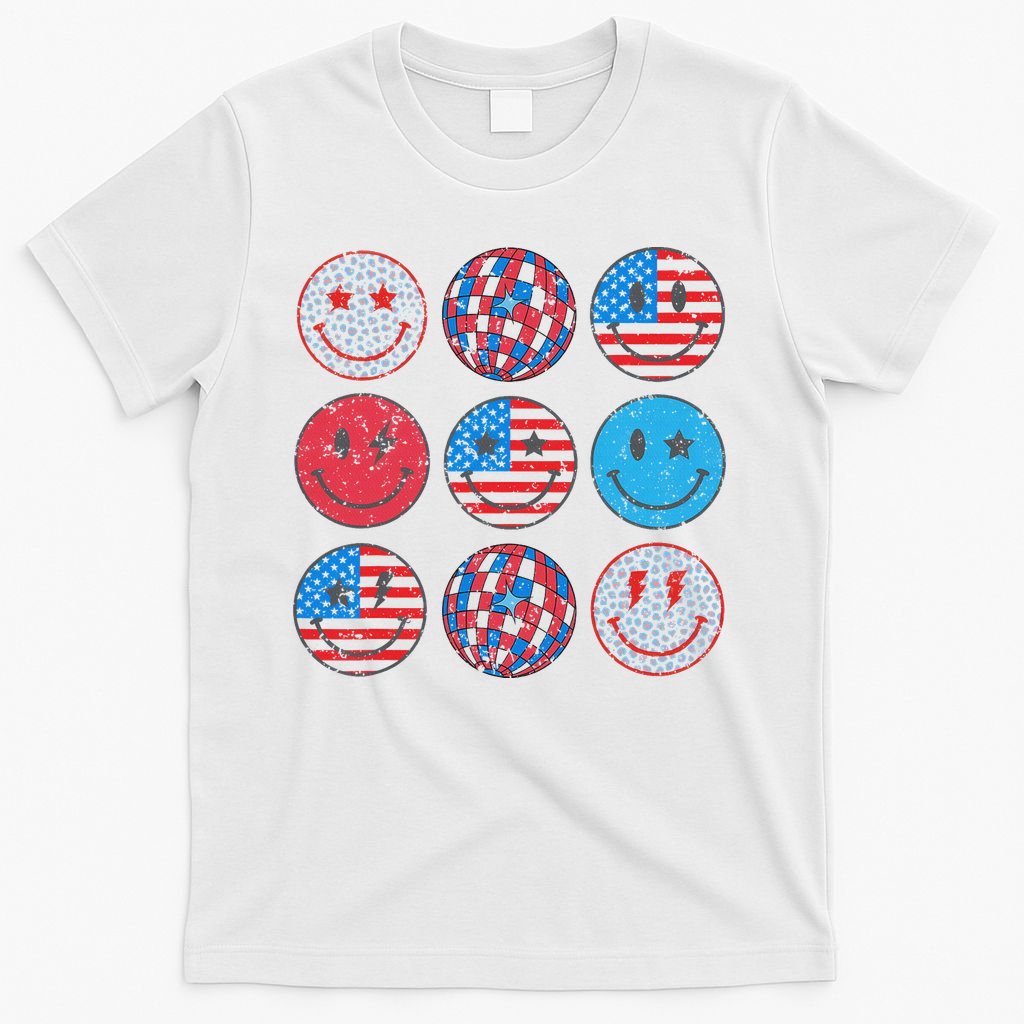 Happy 4th Of July Groovy Smile Face Red White Blue Usa Flag T-Shirt
