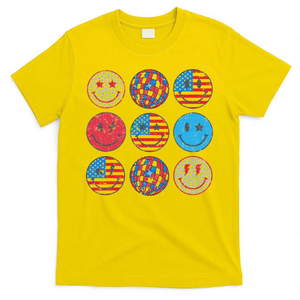 Happy 4th Of July Groovy Smile Face Red White Blue Usa Flag T-Shirt