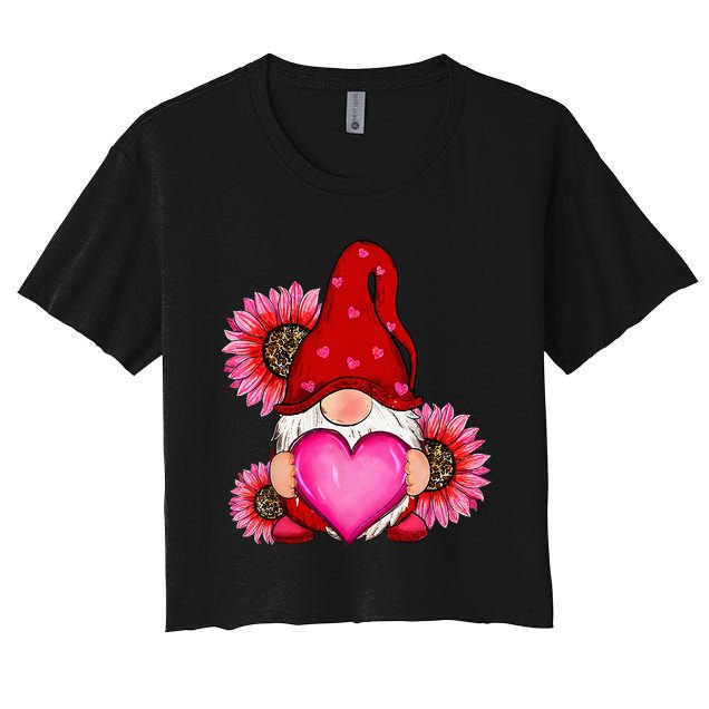 Happy ValentineS Day Gnome With Leopard Sunflower Valentine Women's Crop Top Tee