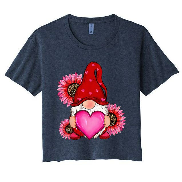 Happy ValentineS Day Gnome With Leopard Sunflower Valentine Women's Crop Top Tee