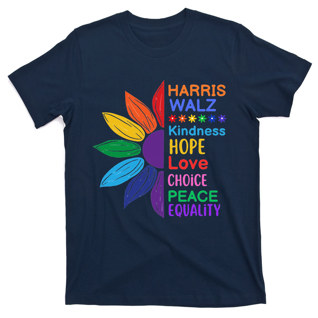 Harris Walz Diversity Rainbow Daisy Sunflower Vote Blue T-Shirt
