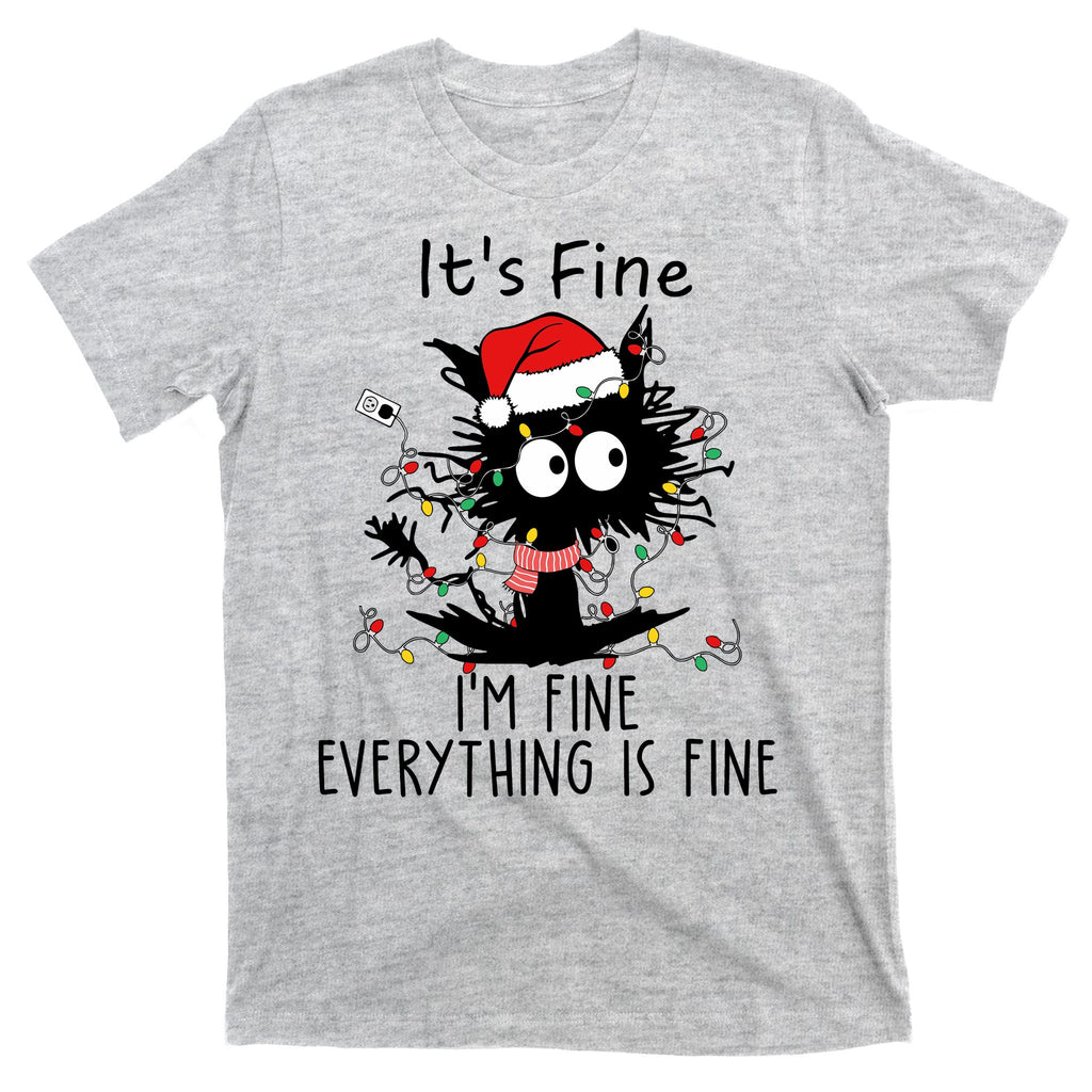 Its Fine Im Fine Everything Is Fine Cat Tangled In Christmas Lights T-Shirt