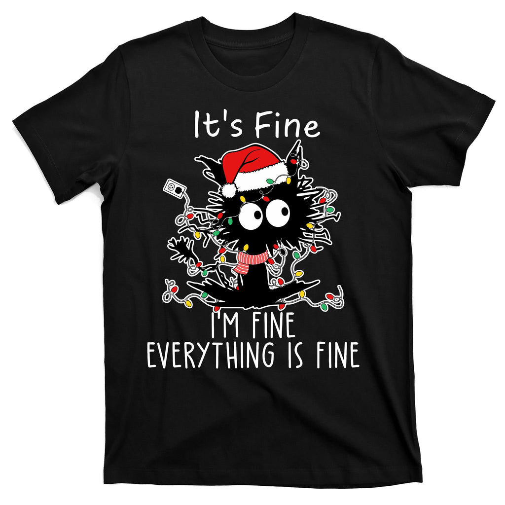 Its Fine Im Fine Everything Is Fine Cat Tangled In Christmas Lights T-Shirt