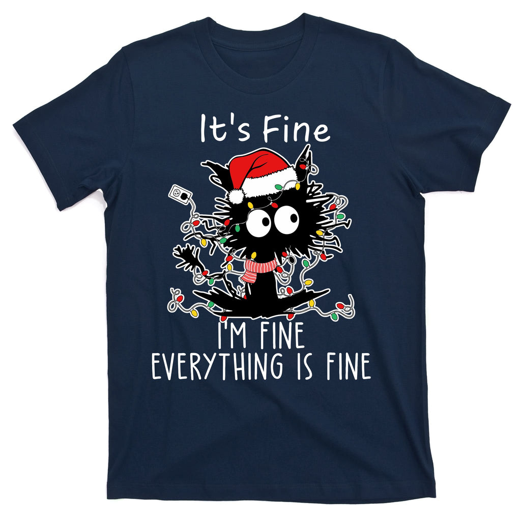 Its Fine Im Fine Everything Is Fine Cat Tangled In Christmas Lights T-Shirt