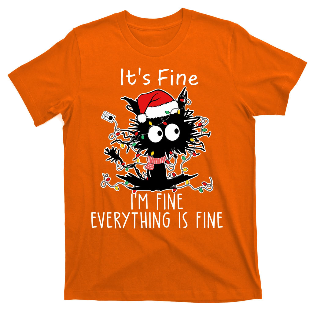Its Fine Im Fine Everything Is Fine Cat Tangled In Christmas Lights T-Shirt