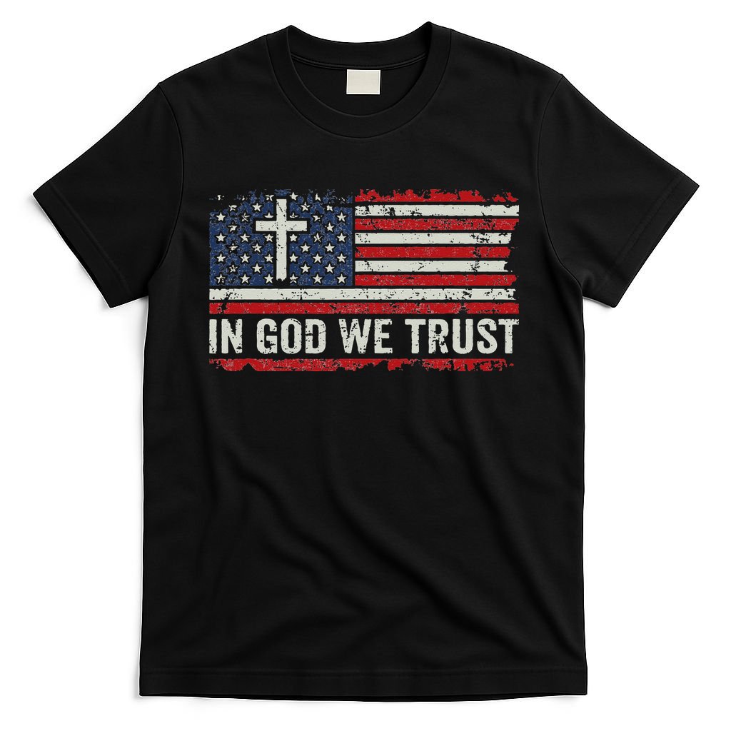 In God We Trust Vintage USA Flag Cross Patriotic Christian T-Shirt