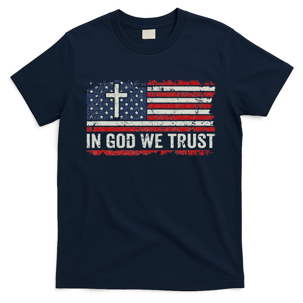 In God We Trust Vintage USA Flag Cross Patriotic Christian T-Shirt