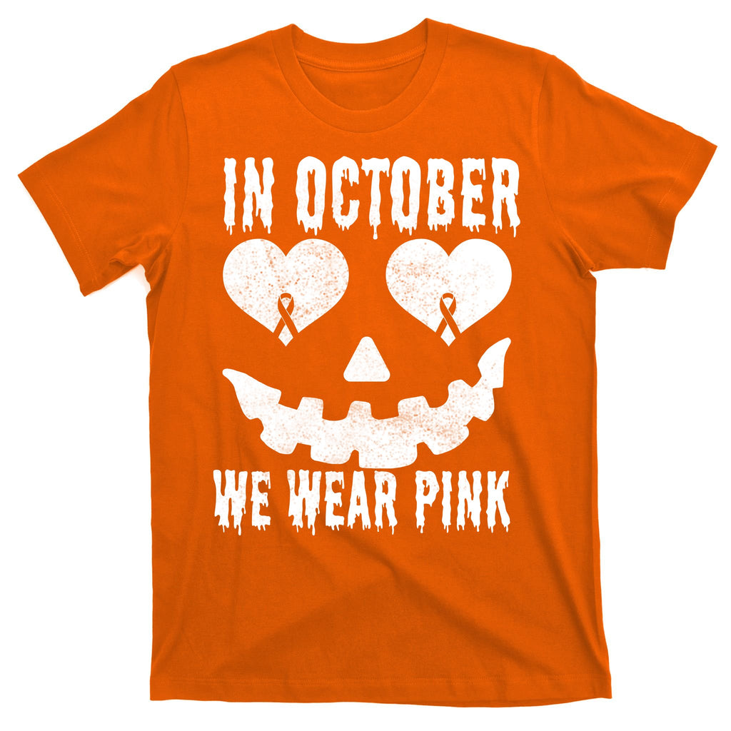 In October We Wear Pink Breast Cancer Jackolantern Halloween T-Shirt