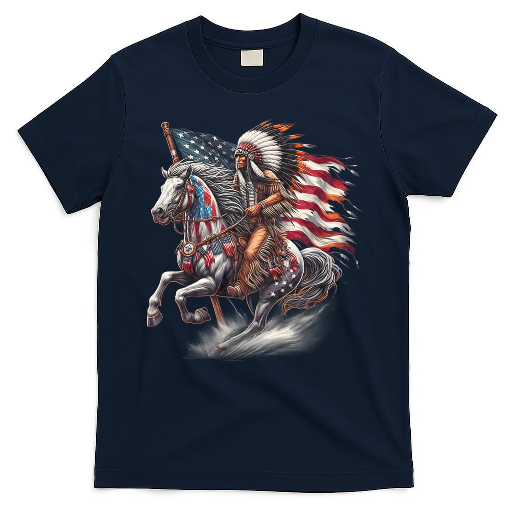 Indigenous Peoples Day 4th Of July Native American Day Flag Indian Riding Horse T-Shirt