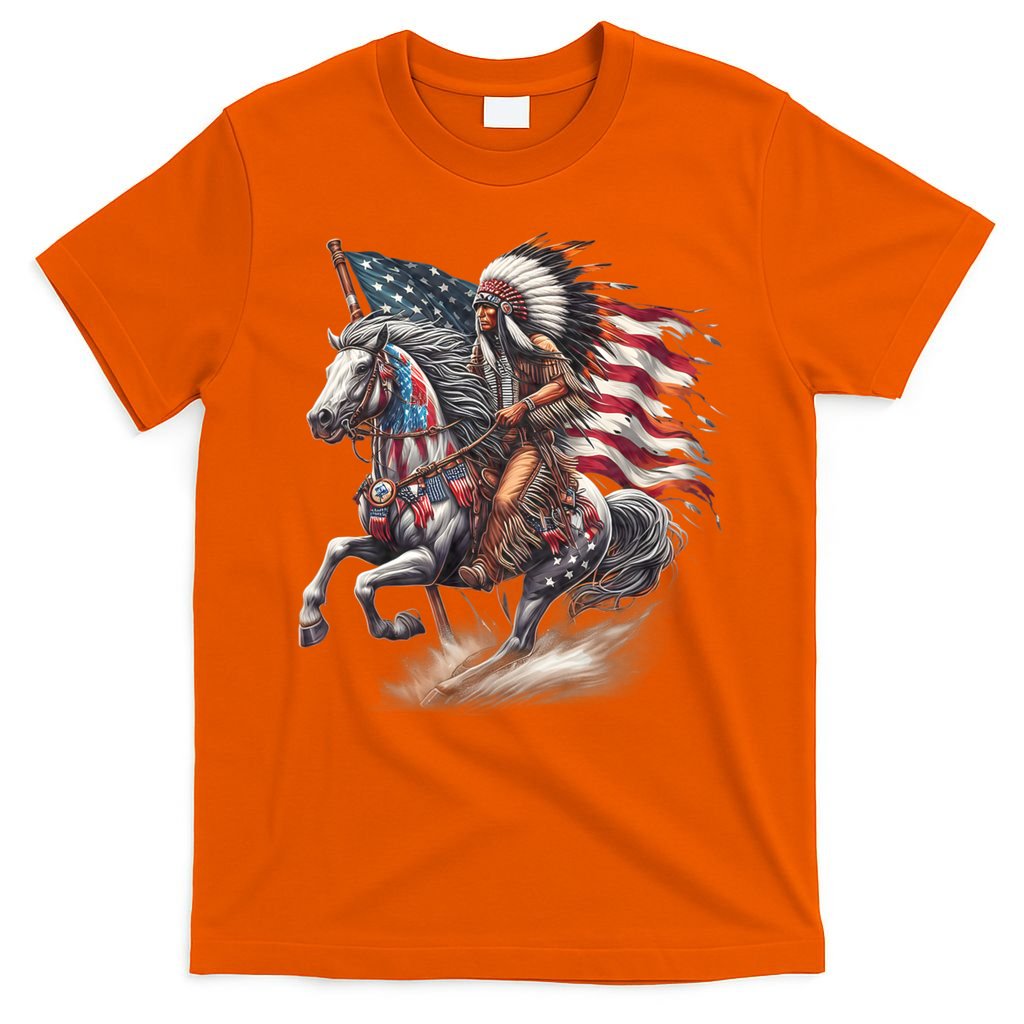 Indigenous Peoples Day 4th Of July Native American Day Flag Indian Riding Horse T-Shirt