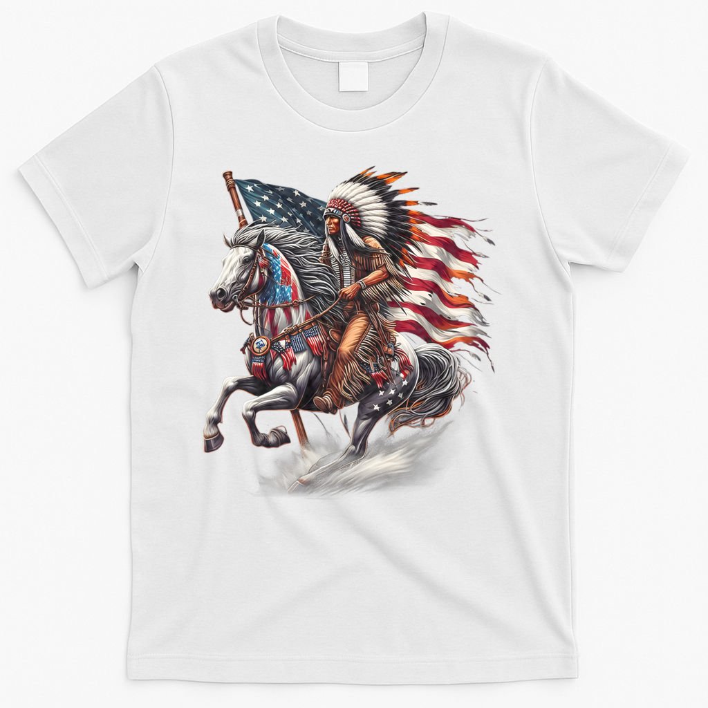 Indigenous Peoples Day 4th Of July Native American Day Flag Indian Riding Horse T-Shirt