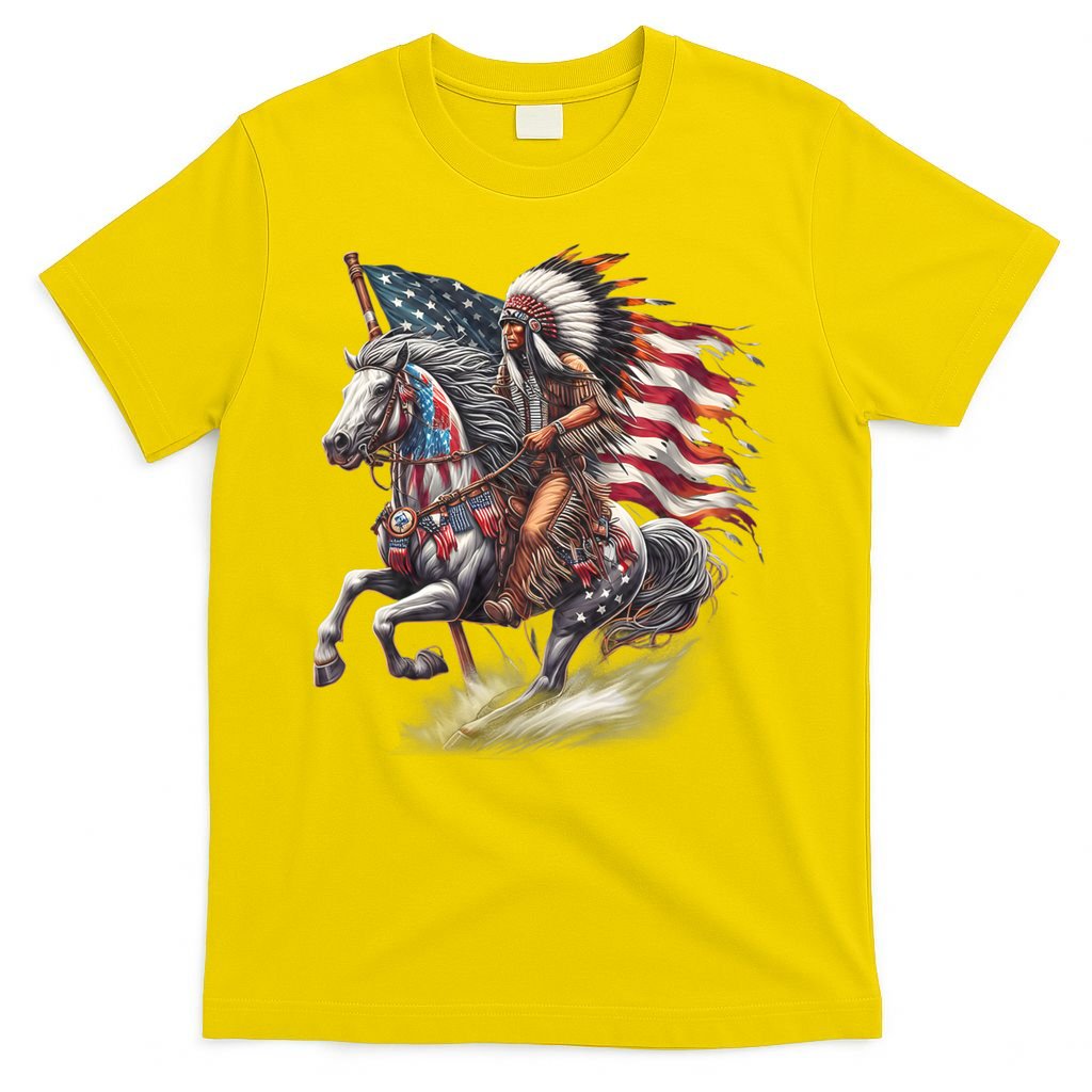Indigenous Peoples Day 4th Of July Native American Day Flag Indian Riding Horse T-Shirt