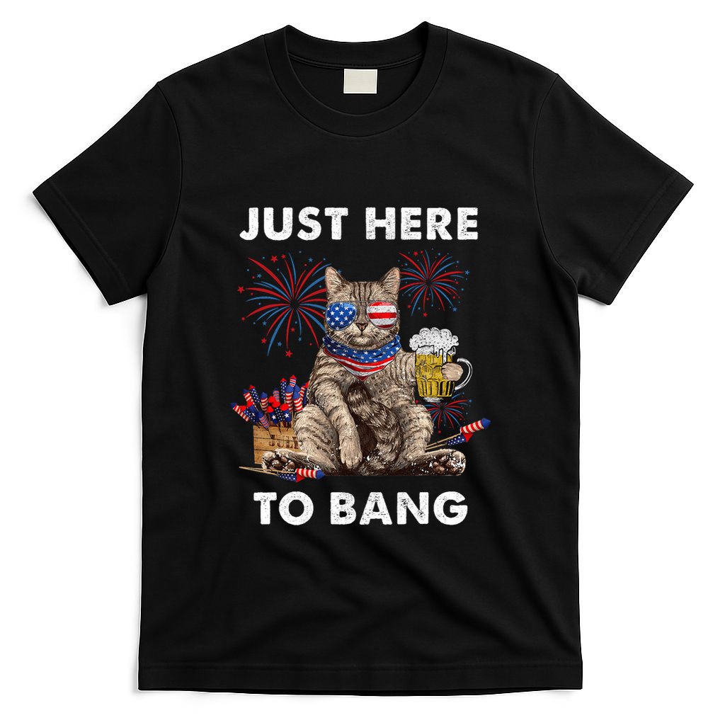 Just Here To Bang Usa Flag Funny Beer 4th Of July Cat Lover T-Shirt