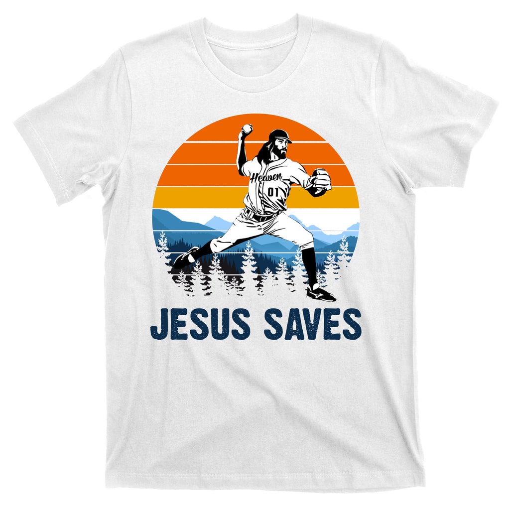 Jesus Saves Retro Baseball Pitcher T-Shirt