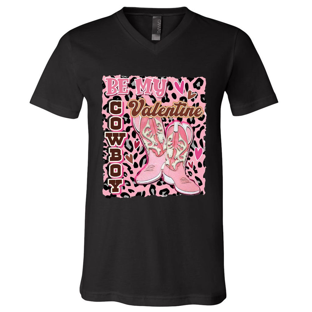Leopard Cowboy Valentine Western Valentin's Day Cowgirl V-Neck T-Shirt