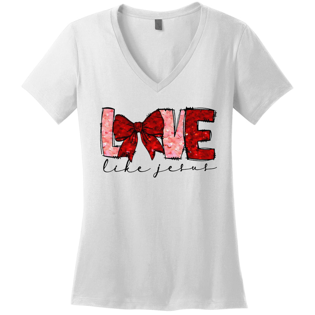 Love Like Jesus Coquette Bow Valentine Women's V-Neck T-Shirt