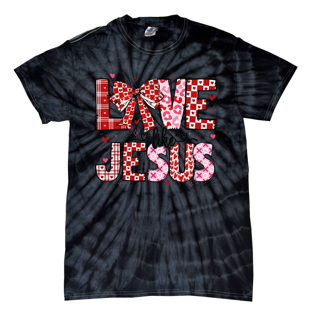 Love Like Jesus Coquette Bow Valentine Day Girl Women Tie-Dye T-Shirt