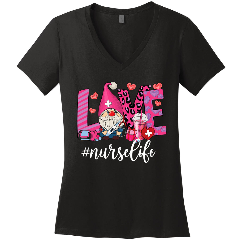 Love Nurse Life Gnome Valentine Nursing Valentines Day Women's V-Neck T-Shirt