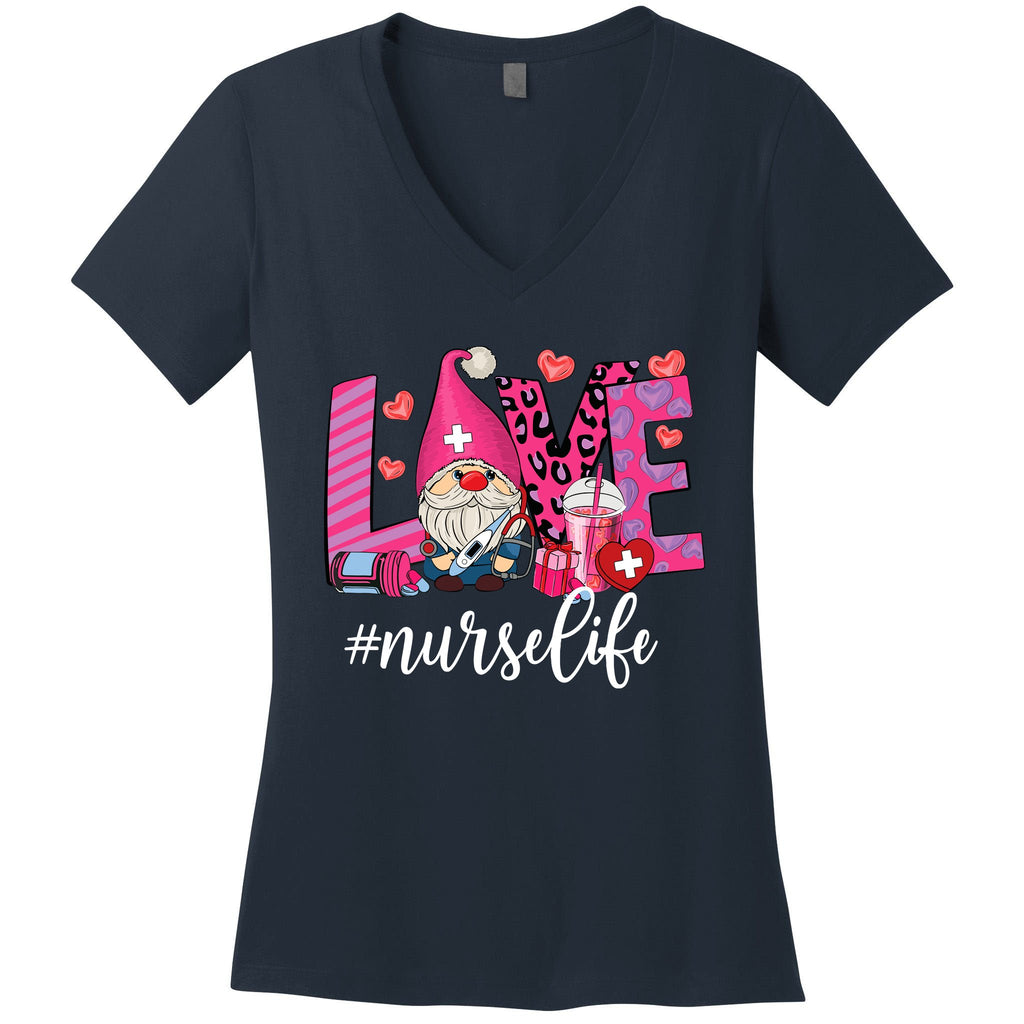 Love Nurse Life Gnome Valentine Nursing Valentines Day Women's V-Neck T-Shirt