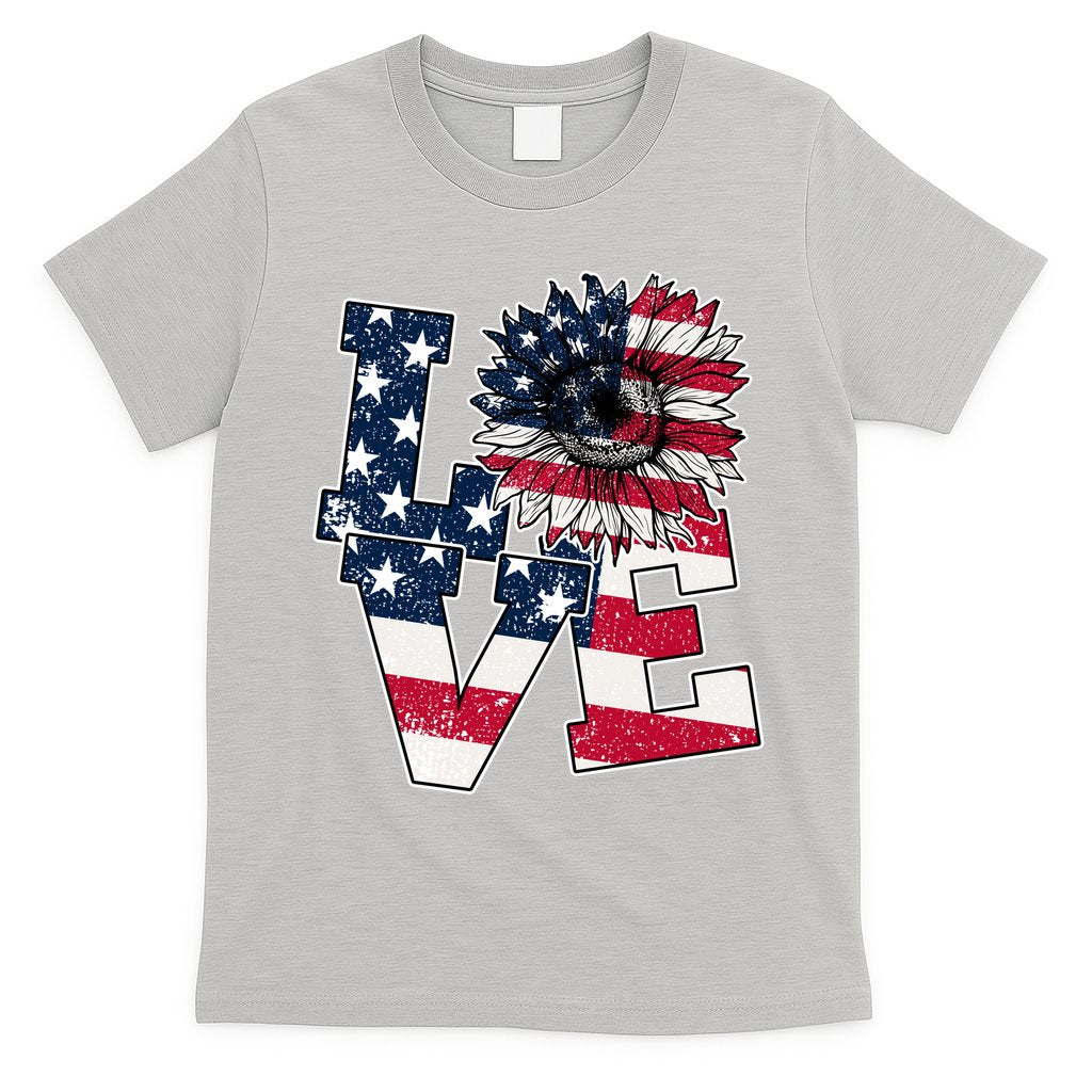 Love Sunflower Patriotic American Flag 4th Of July T-Shirt