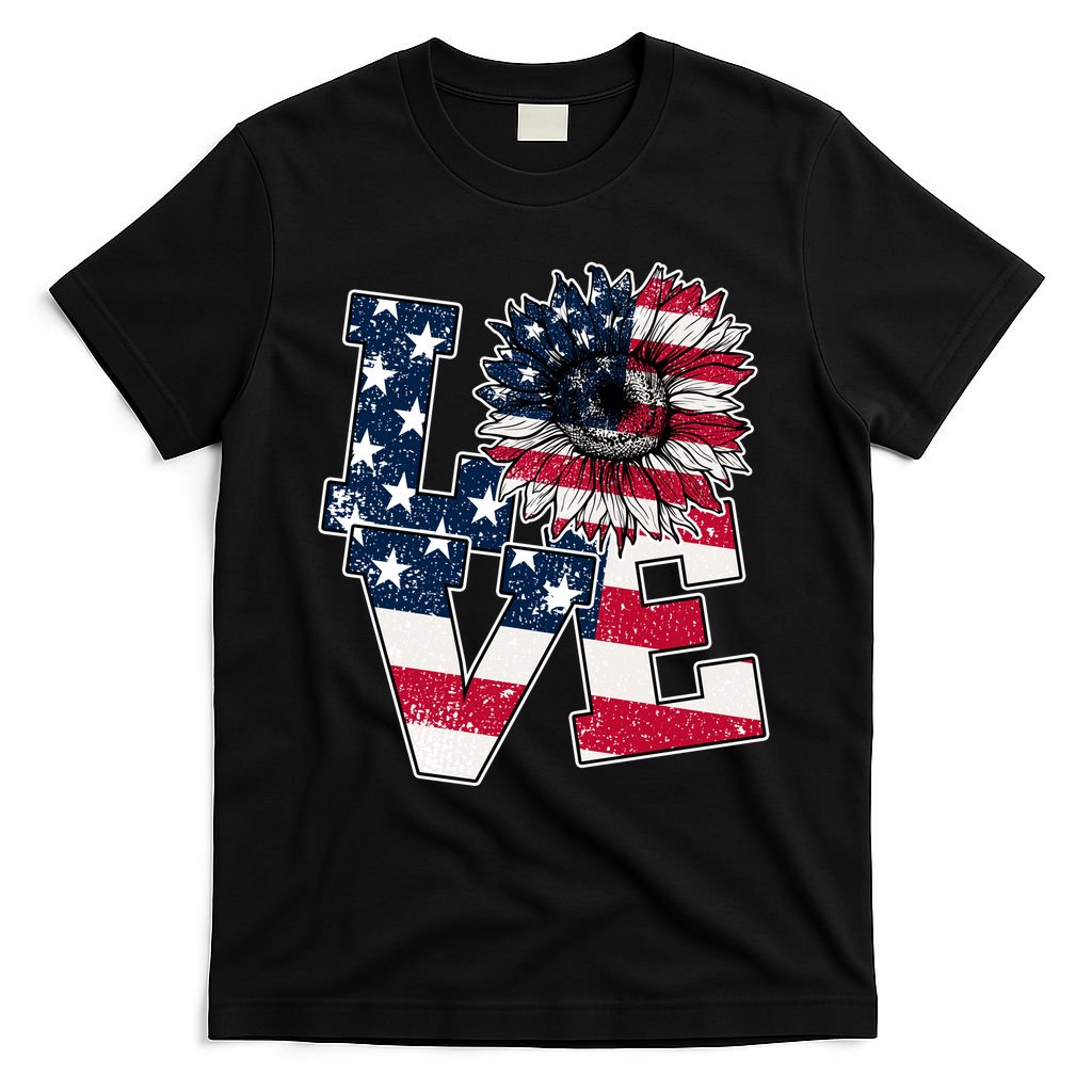 Love Sunflower Patriotic American Flag 4th Of July T-Shirt