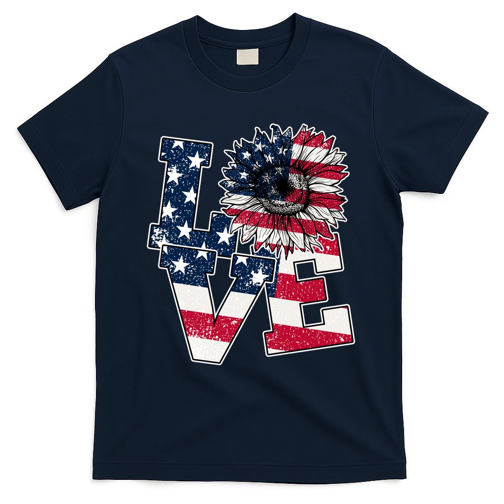 Love Sunflower Patriotic American Flag 4th Of July T-Shirt