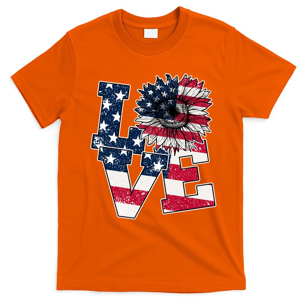 Love Sunflower Patriotic American Flag 4th Of July T-Shirt