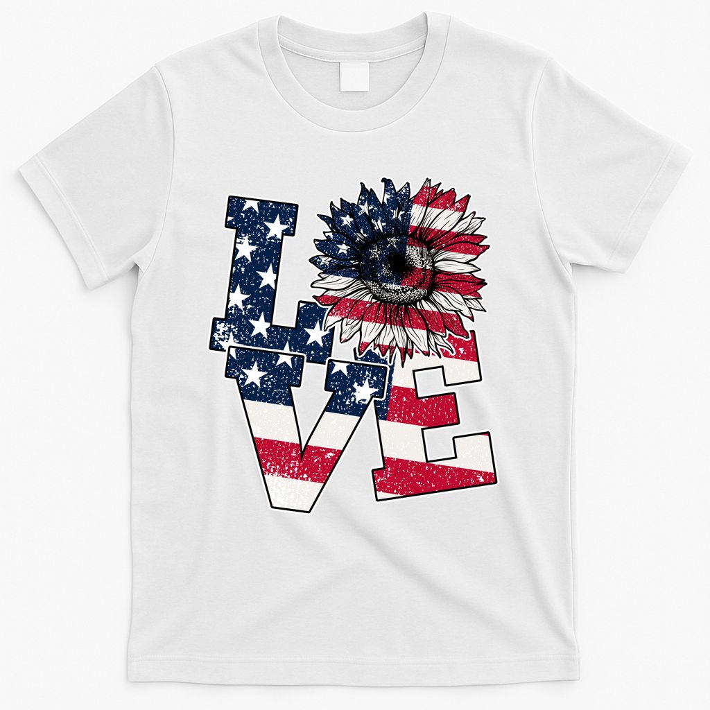 Love Sunflower Patriotic American Flag 4th Of July T-Shirt