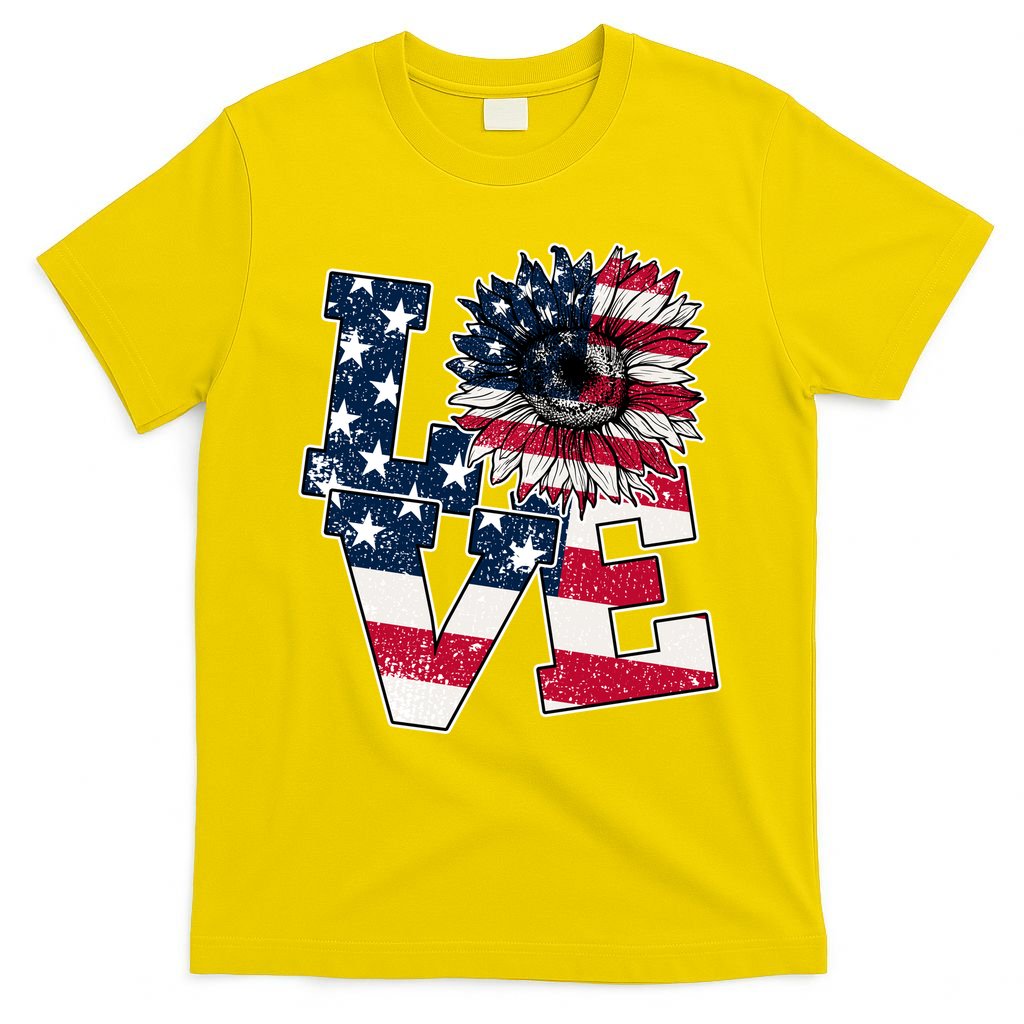 Love Sunflower Patriotic American Flag 4th Of July T-Shirt