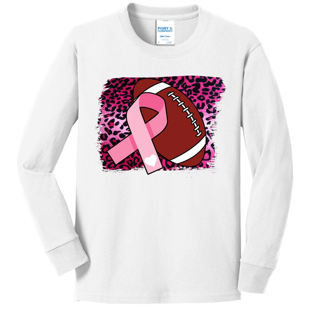Leopard Pink Ribbon Breast Cancer Football Kids Long Sleeve Shirt