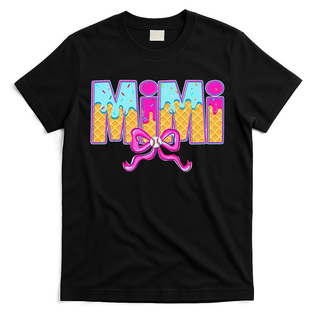 Mimi Baseball Coquette Bow Ice Cream Drip Mothers Day T-Shirt