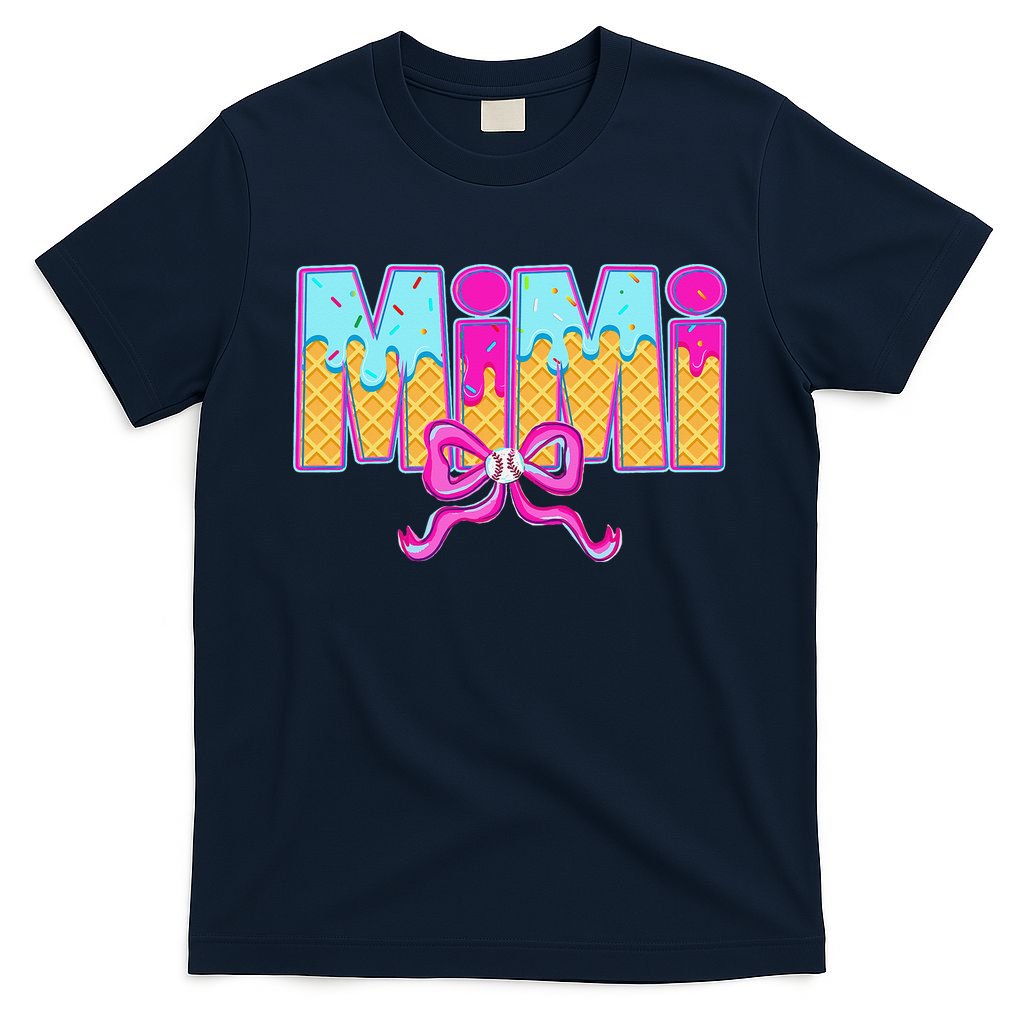 Mimi Baseball Coquette Bow Ice Cream Drip Mothers Day T-Shirt