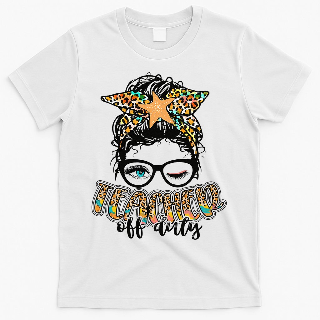 Messy Bun Summer Teacher Off Duty Leopard T-Shirt