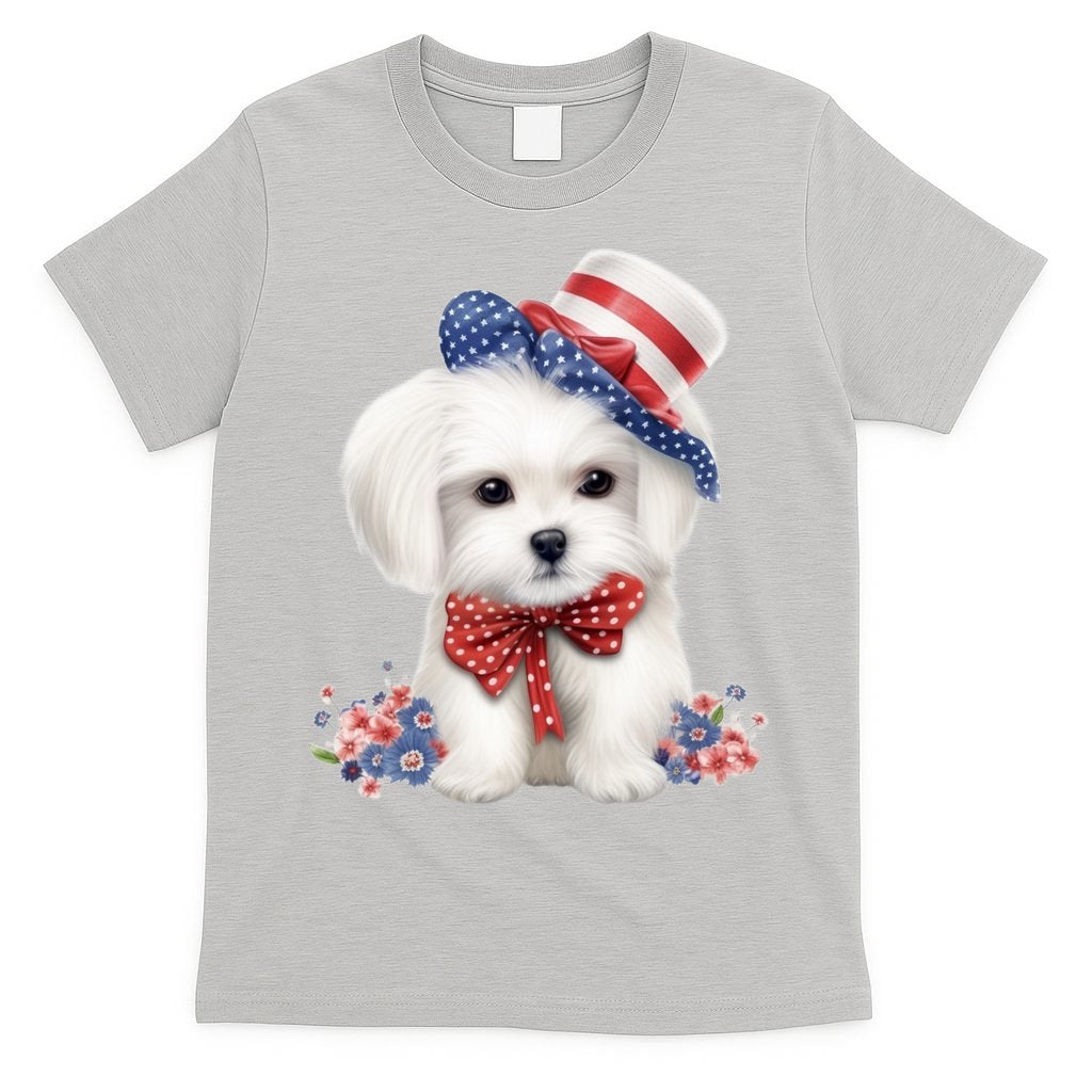 Maltese Dog Puppy USA Flag American Dogs Patriotic 4th Of July T-Shirt