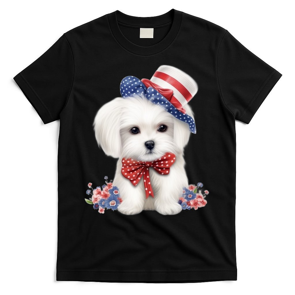 Maltese Dog Puppy USA Flag American Dogs Patriotic 4th Of July T-Shirt
