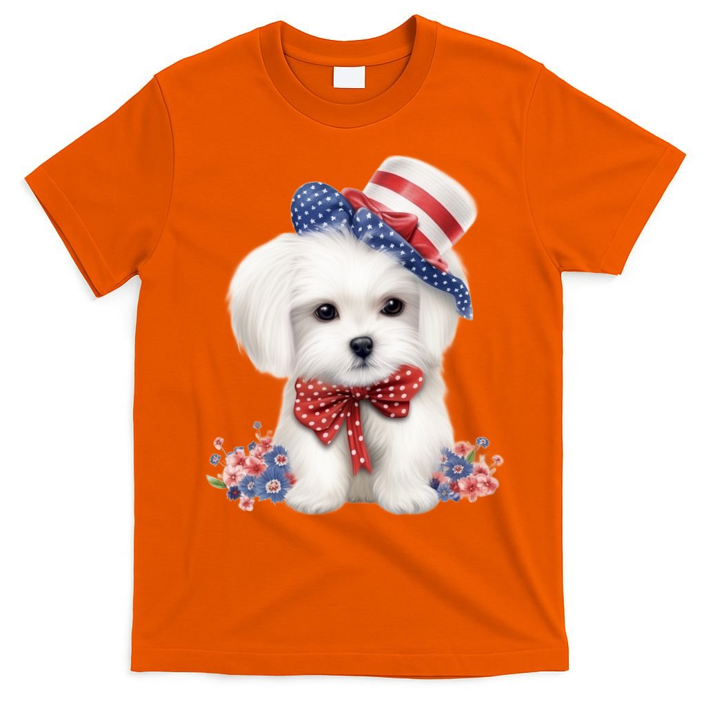 Maltese Dog Puppy USA Flag American Dogs Patriotic 4th Of July T-Shirt