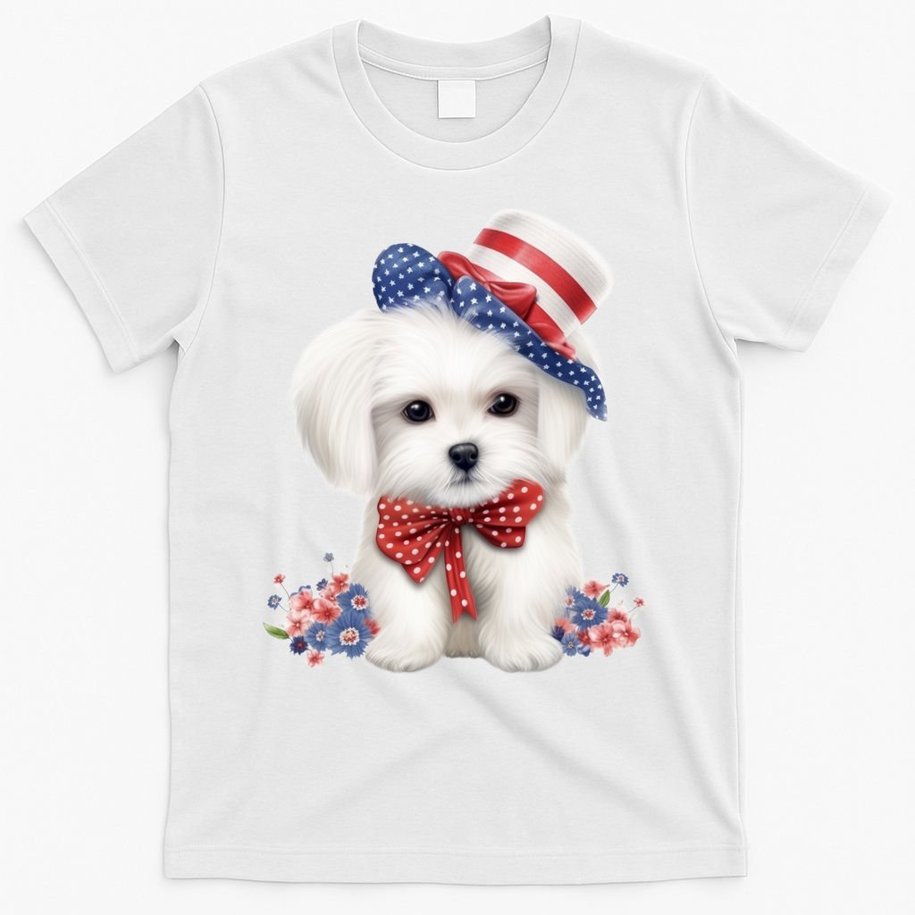Maltese Dog Puppy USA Flag American Dogs Patriotic 4th Of July T-Shirt