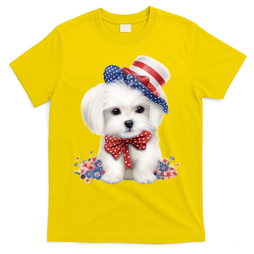 Maltese Dog Puppy USA Flag American Dogs Patriotic 4th Of July T-Shirt