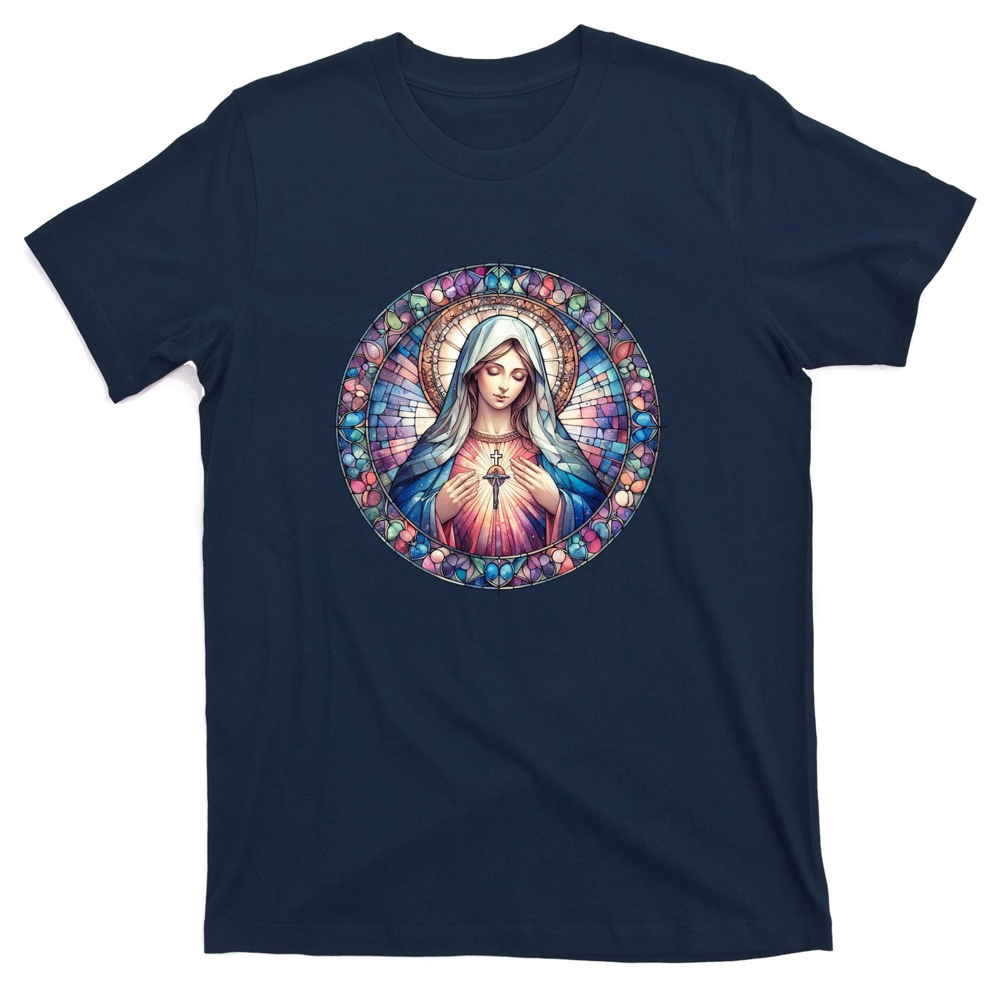 Mother Mary Stained Glass Collection: Heart God Jesus Christ Cross Catholic T-Shirt