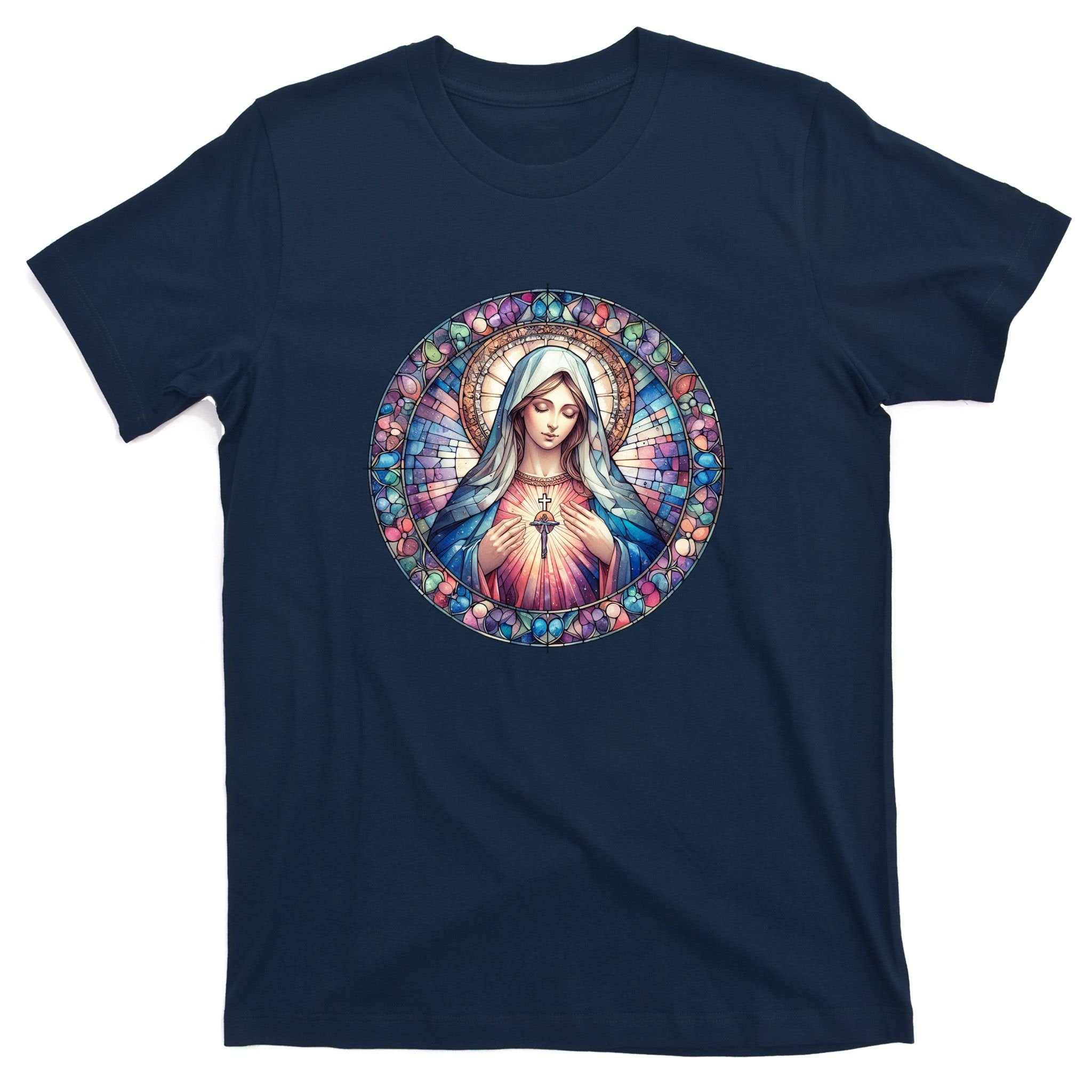 Mother Mary Stained Glass Collection: Heart God Jesus Christ Cross Catholic T-Shirt