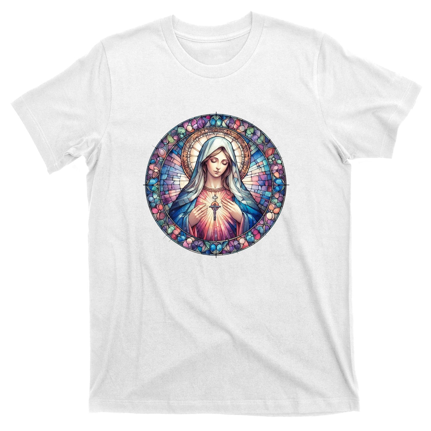 Mother Mary Stained Glass Collection: Heart God Jesus Christ Cross Catholic T-Shirt