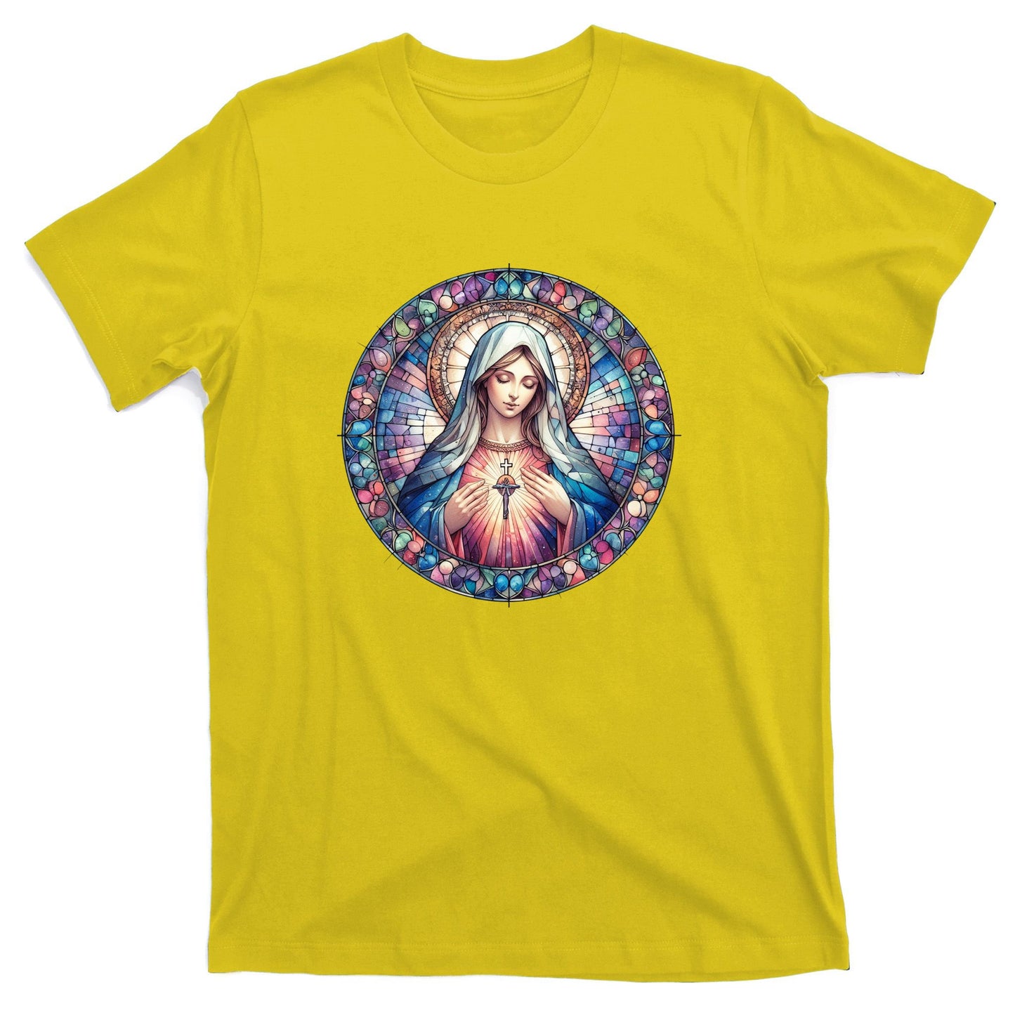 Mother Mary Stained Glass Collection: Heart God Jesus Christ Cross Catholic T-Shirt